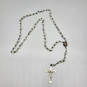 Catholic Religious Rosary Necklace Moonstone Glass Beads Crucifix Silver Tone